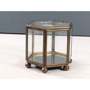 Small hexagonal etched glass and brass mirror display box, bridal jewelry box,